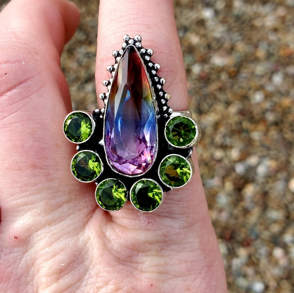 New Bi-Color Tourmaline & Peridot 925 Silver Ring. - Picture 4 of 12